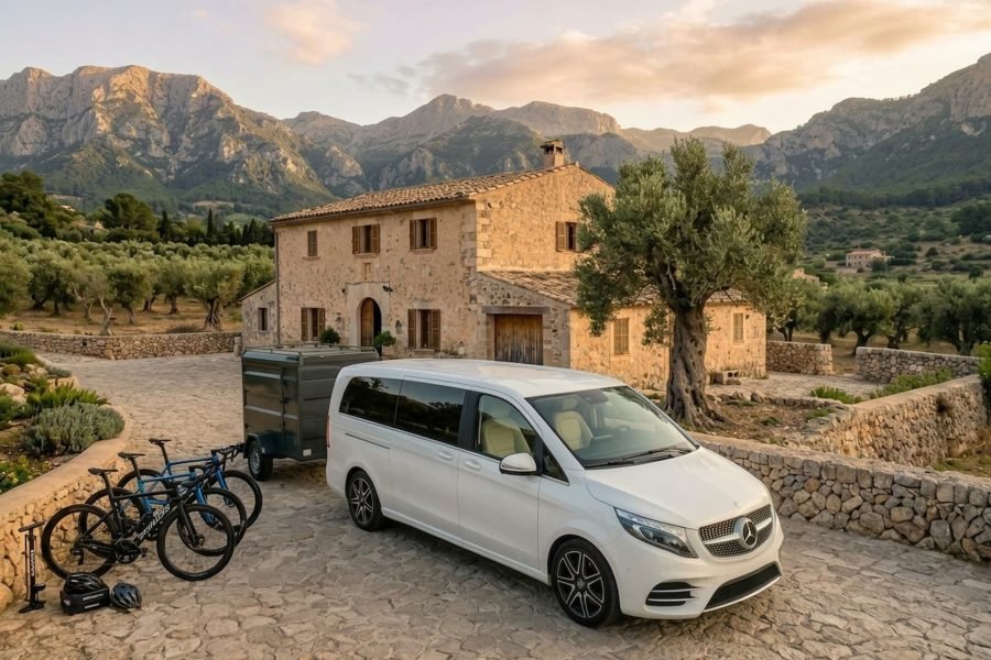 White Mercedes V-Class van with bike trailer and road bikes parked at a stone finca in the Tramuntana mountains, Mallorca