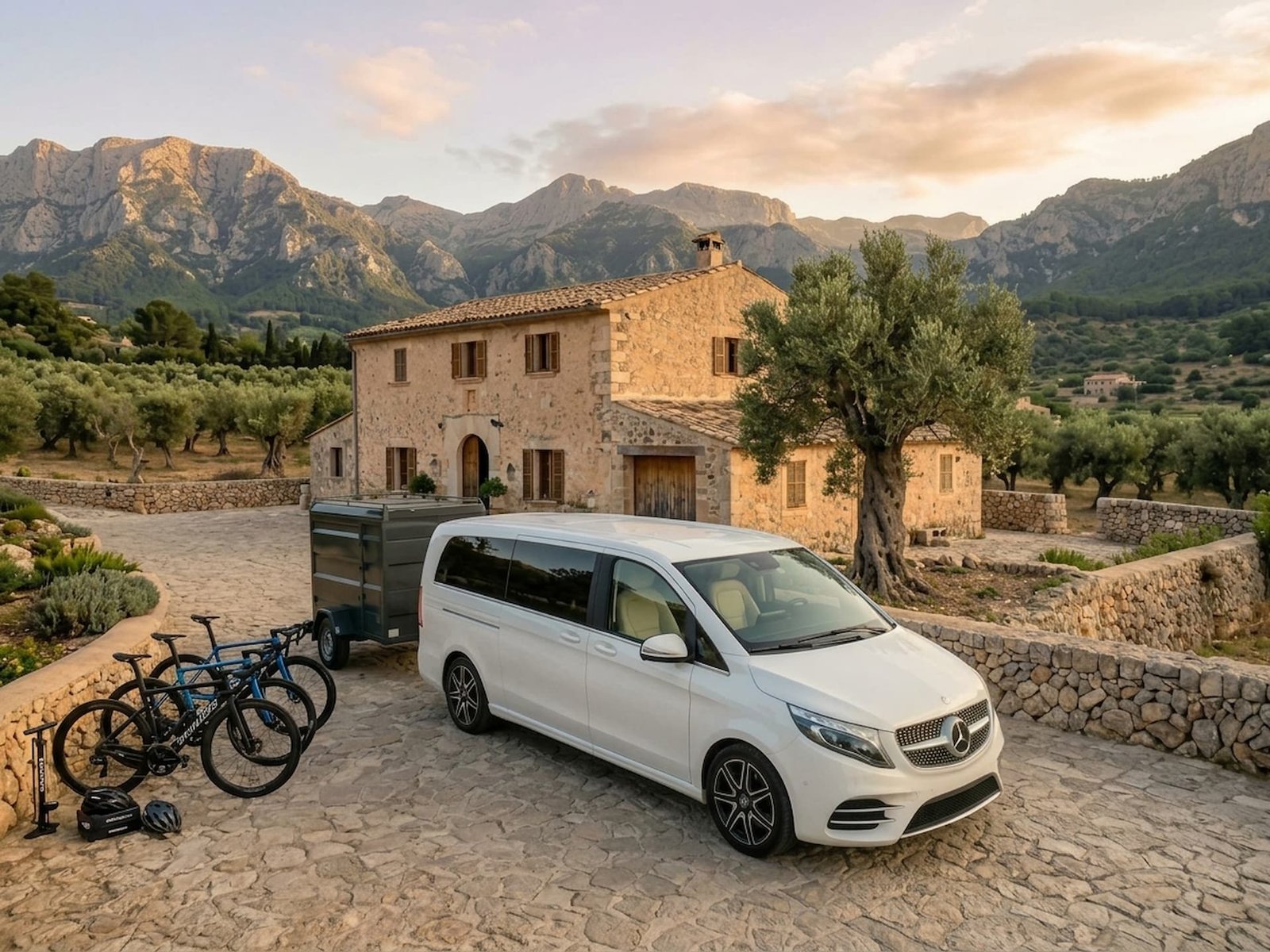 White Mercedes V-Class van with bike trailer and road bikes at a finca in Mallorca
