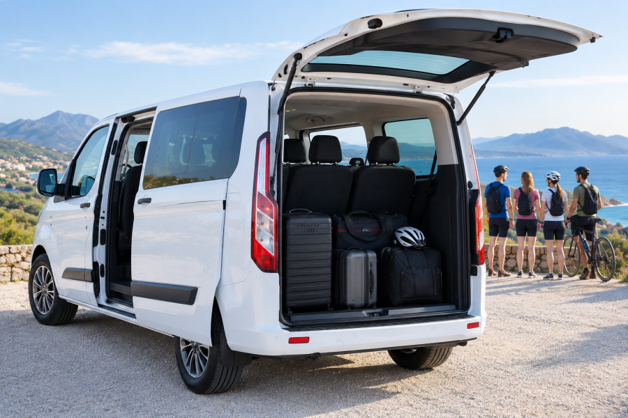 Luggage transfer van with suitcases and bike bag, Mallorca